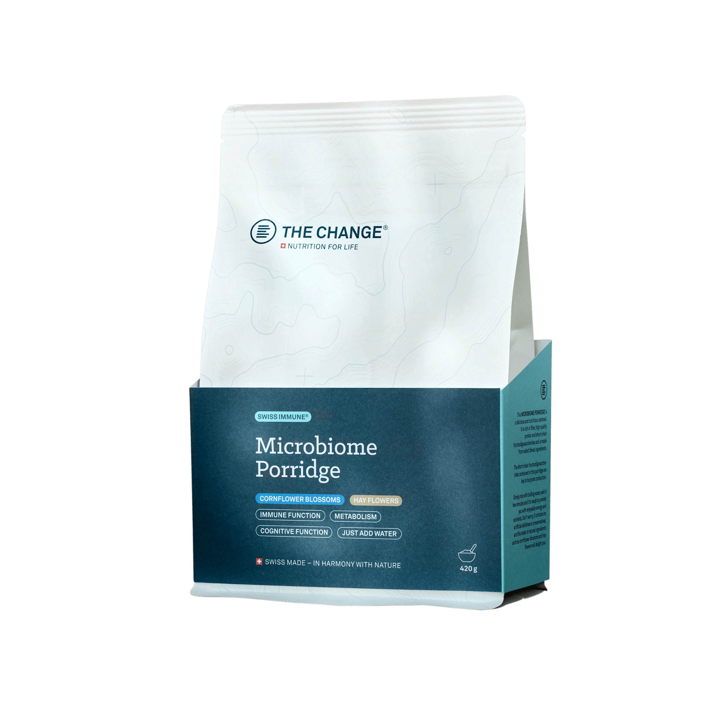 White bag of The Change Microbiome Porridge, featuring a blue and black box design, promoting cognitive and metabolic health.