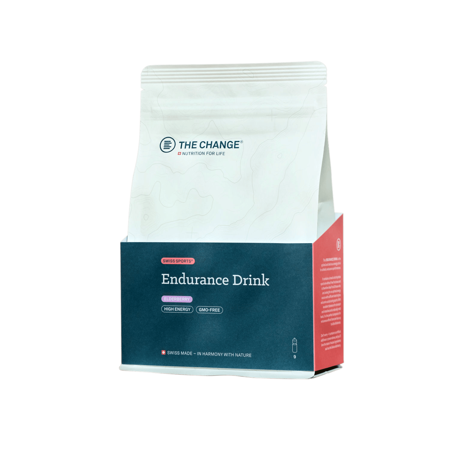 White pouch of "The Change" Endurance Drink, featuring a colorful label highlighting high-energy and gluten-free details.