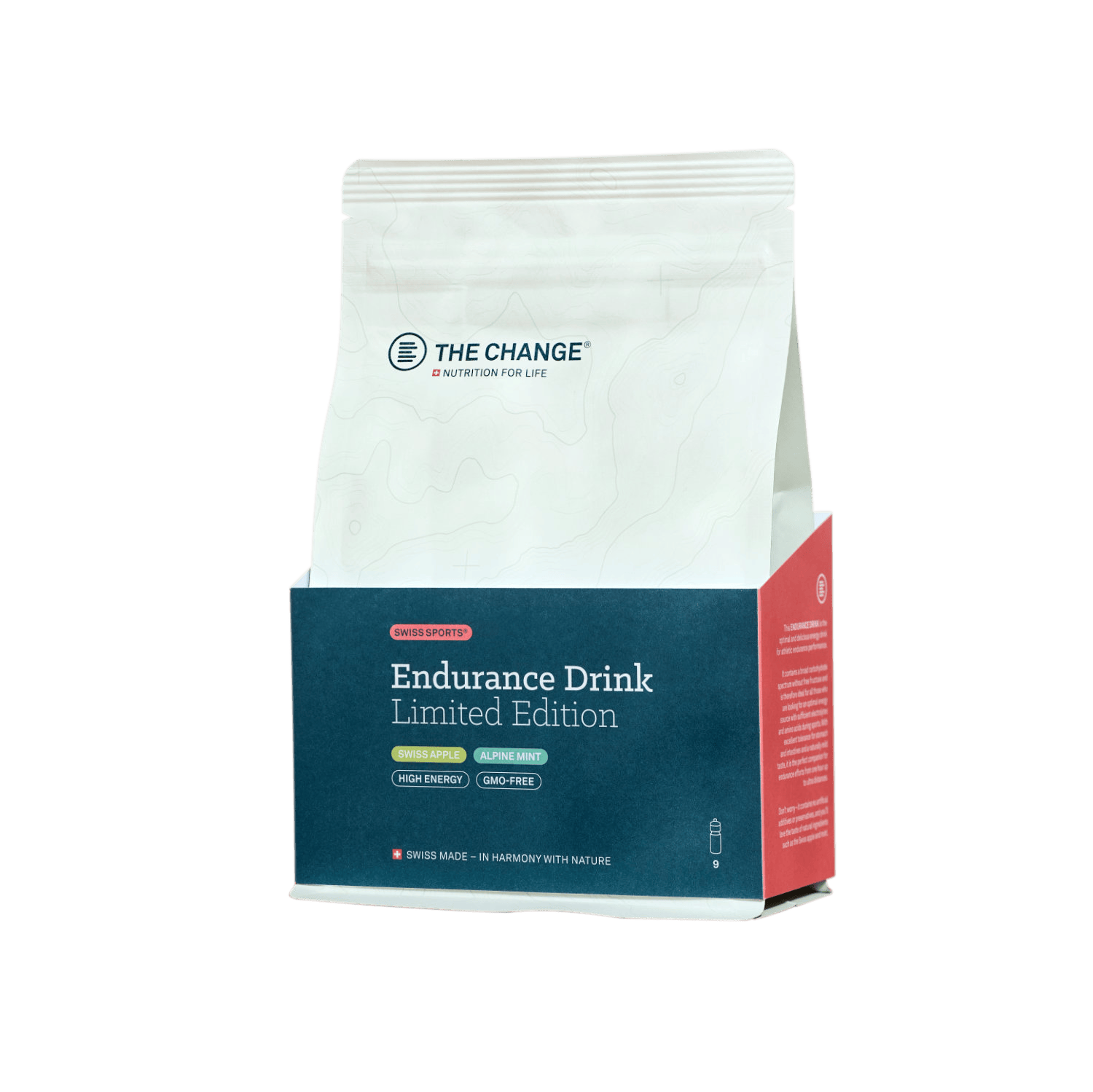 White and red packaging of The Change Limited Edition Endurance Drink, high energy, gluten-free, nutrition for life.