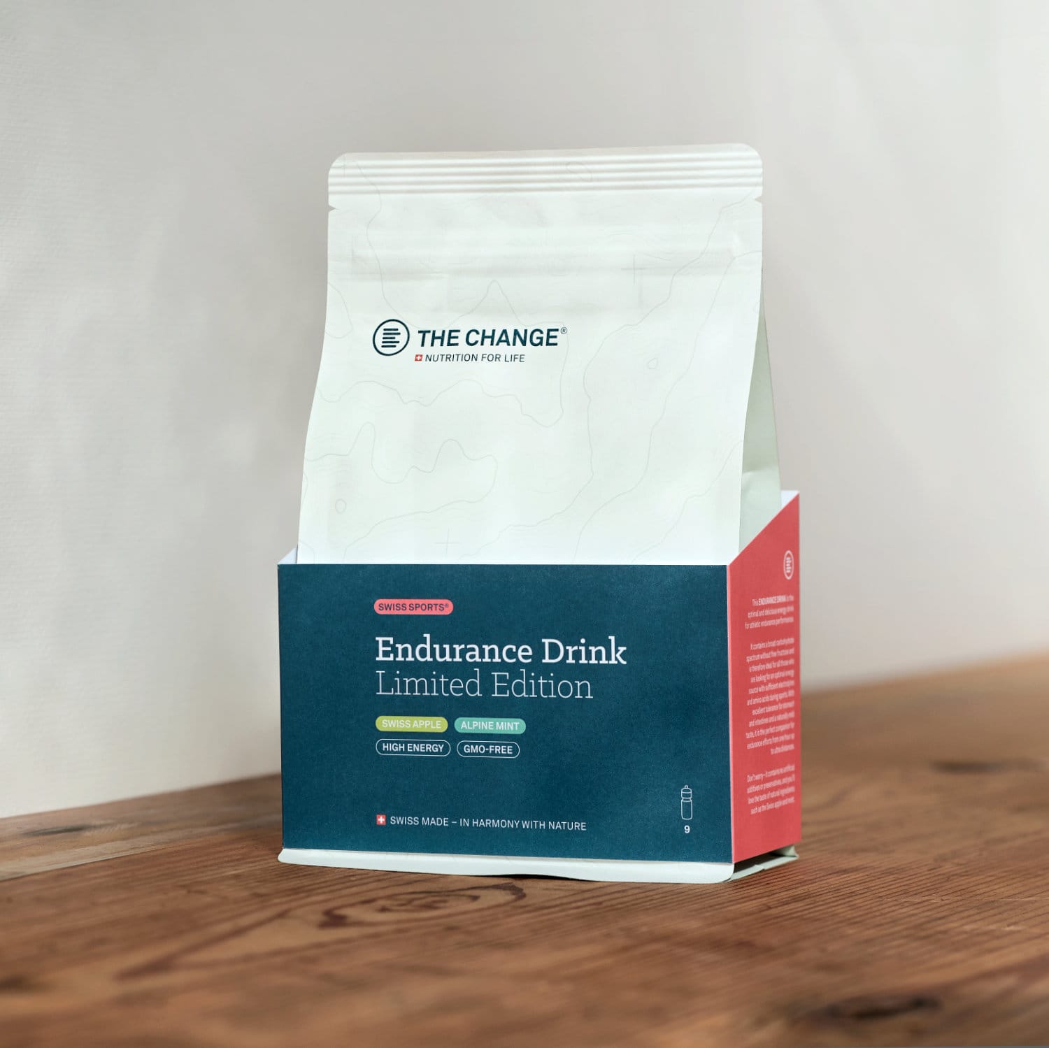 Limited Edition Endurance Drink in white and red packaging, high energy, gluten-free, by The Change.