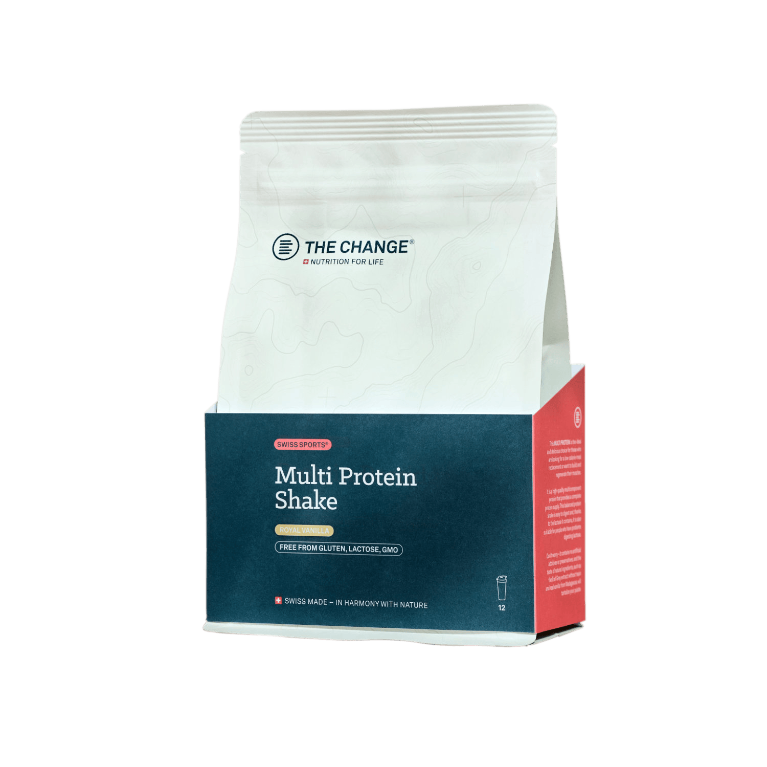 White and red bag of Multi Protein Shake, gluten and lactose-free, designed for active lifestyles.