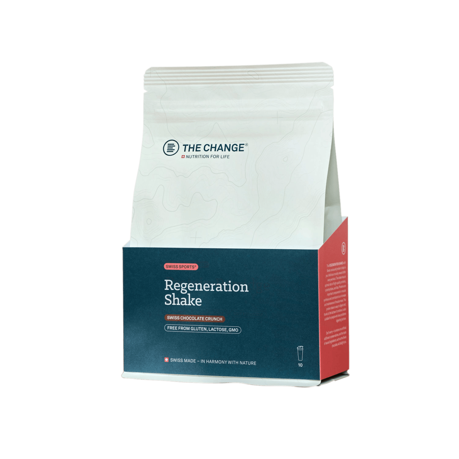 Swiss chocolate crunch regeneration shake in a white and blue eco-friendly bag, free from gluten and lactose.