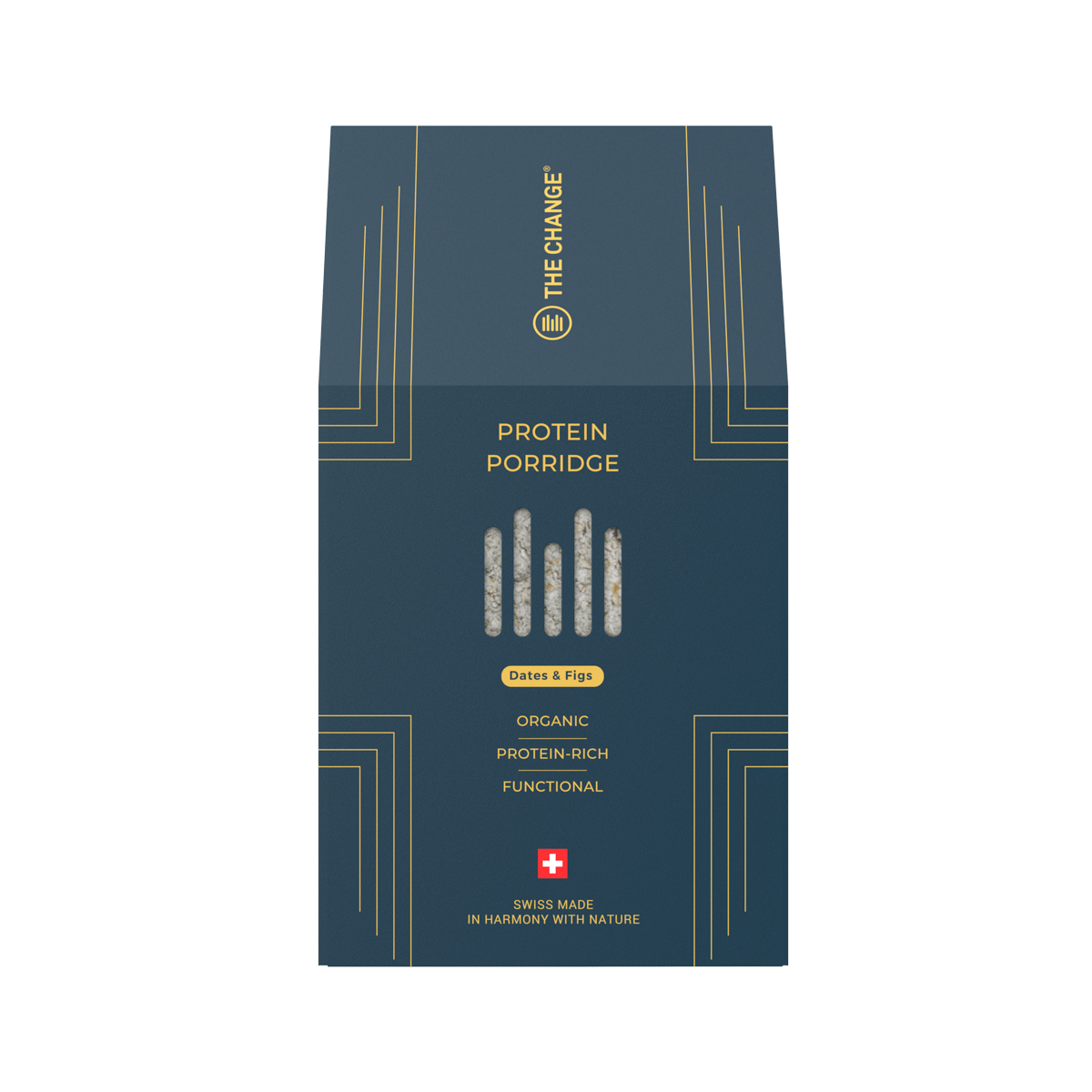 Organic protein porridge in navy blue packaging, featuring dates and figs, Swiss-made and functional.