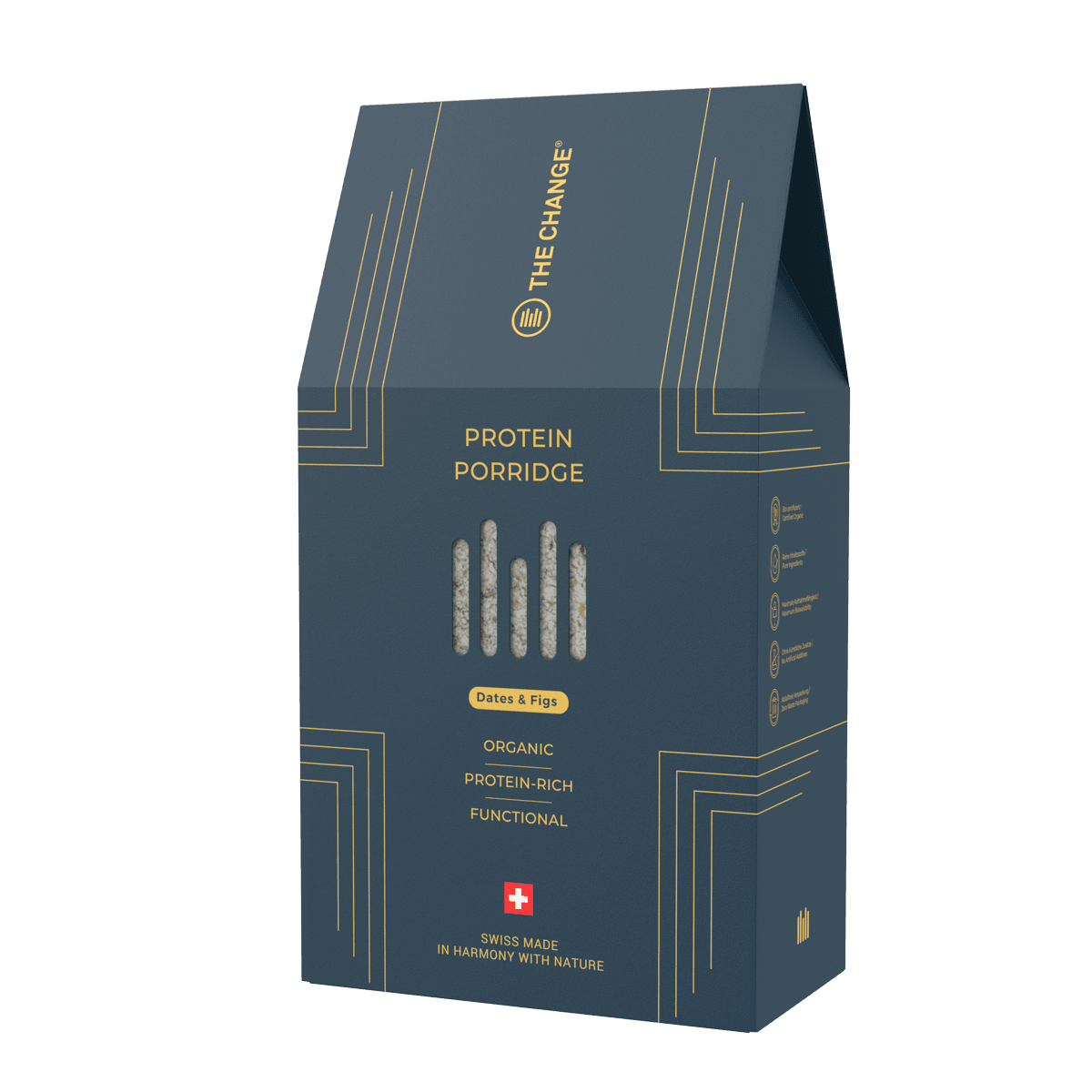 Organic protein porridge in navy blue packaging, featuring dates and figs, Swiss-made for functional nutrition.