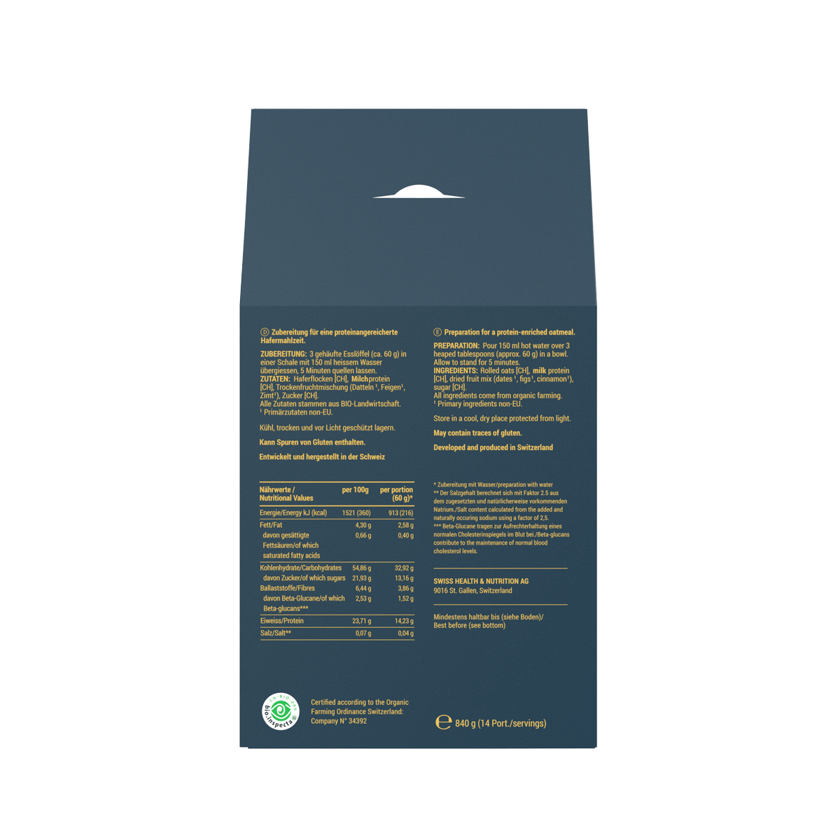 Organic Swiss cheese packaging, yellow with detailed nutritional info, featuring a modern and eco-friendly design.