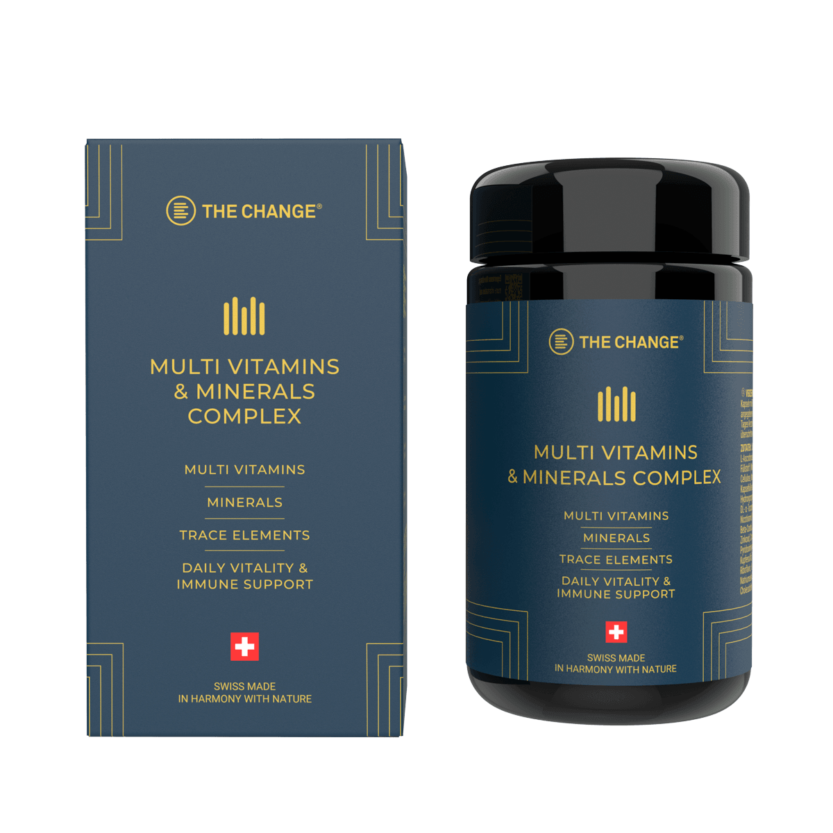 Dark blue bottle of multi vitamins and minerals complex with gold accents, Swiss made for daily vitality and immune support.