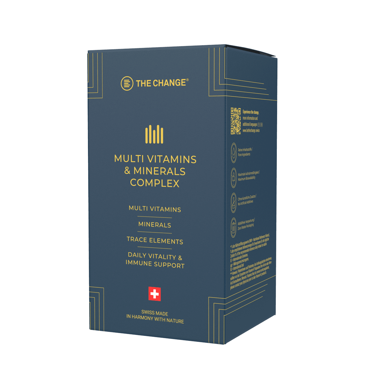 Dark blue box of The Change multi vitamins and minerals complex, featuring gold accents and Swiss label.