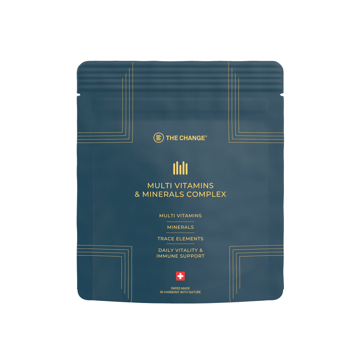 Dark blue pouch of multi vitamins and minerals complex, offering daily vitality and immune support. Swiss-made.