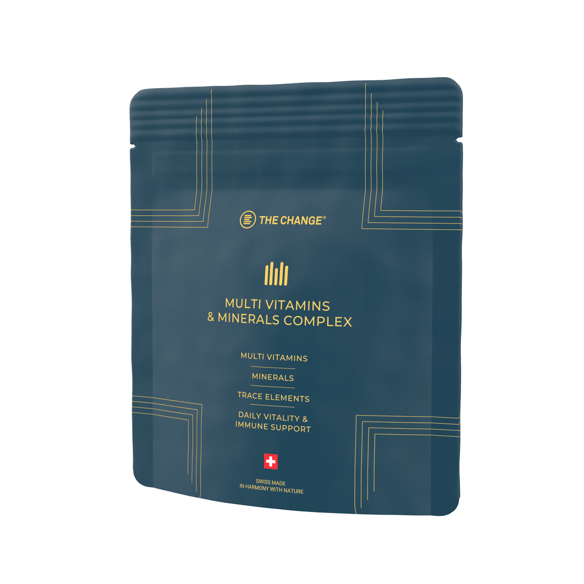 Navy blue pouch of multi vitamins & minerals complex, featuring daily vitality and immune support, Swiss-made.