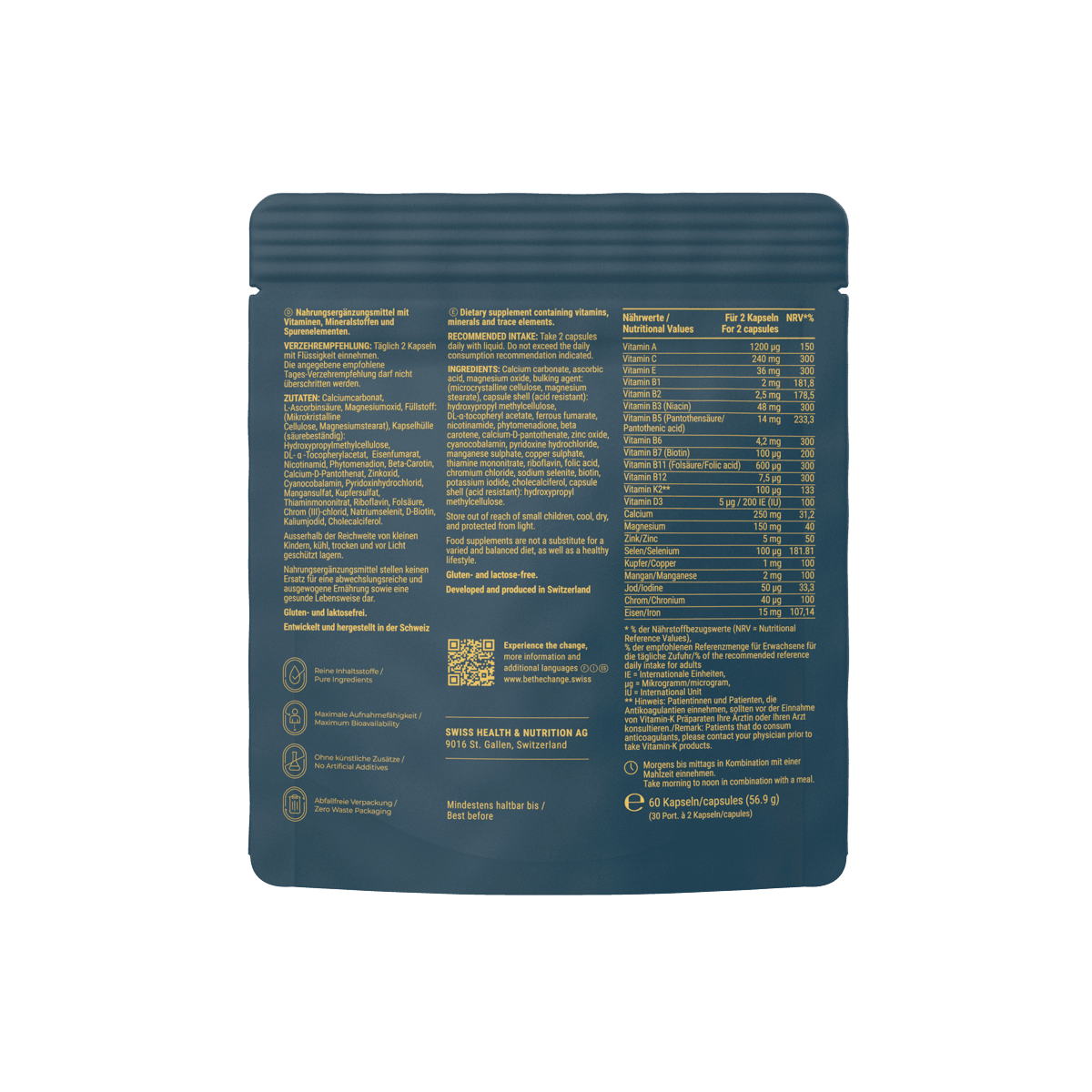 Nutritional supplement packaging, dark blue with gold accents, featuring detailed ingredient list and nutritional information.