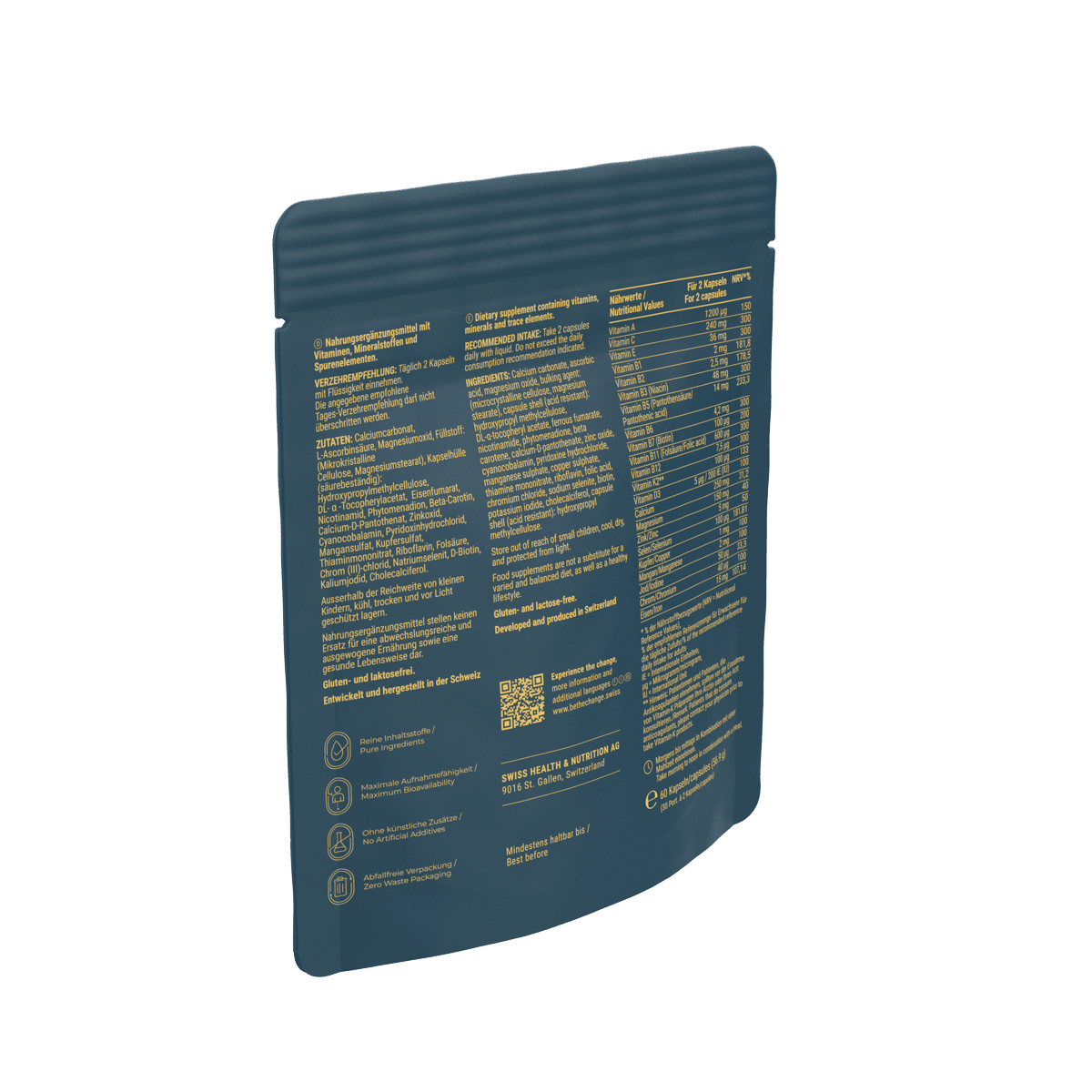 Dark blue resealable pouch containing detailed nutritional information and ingredients list. Ideal for health-conscious consumers.