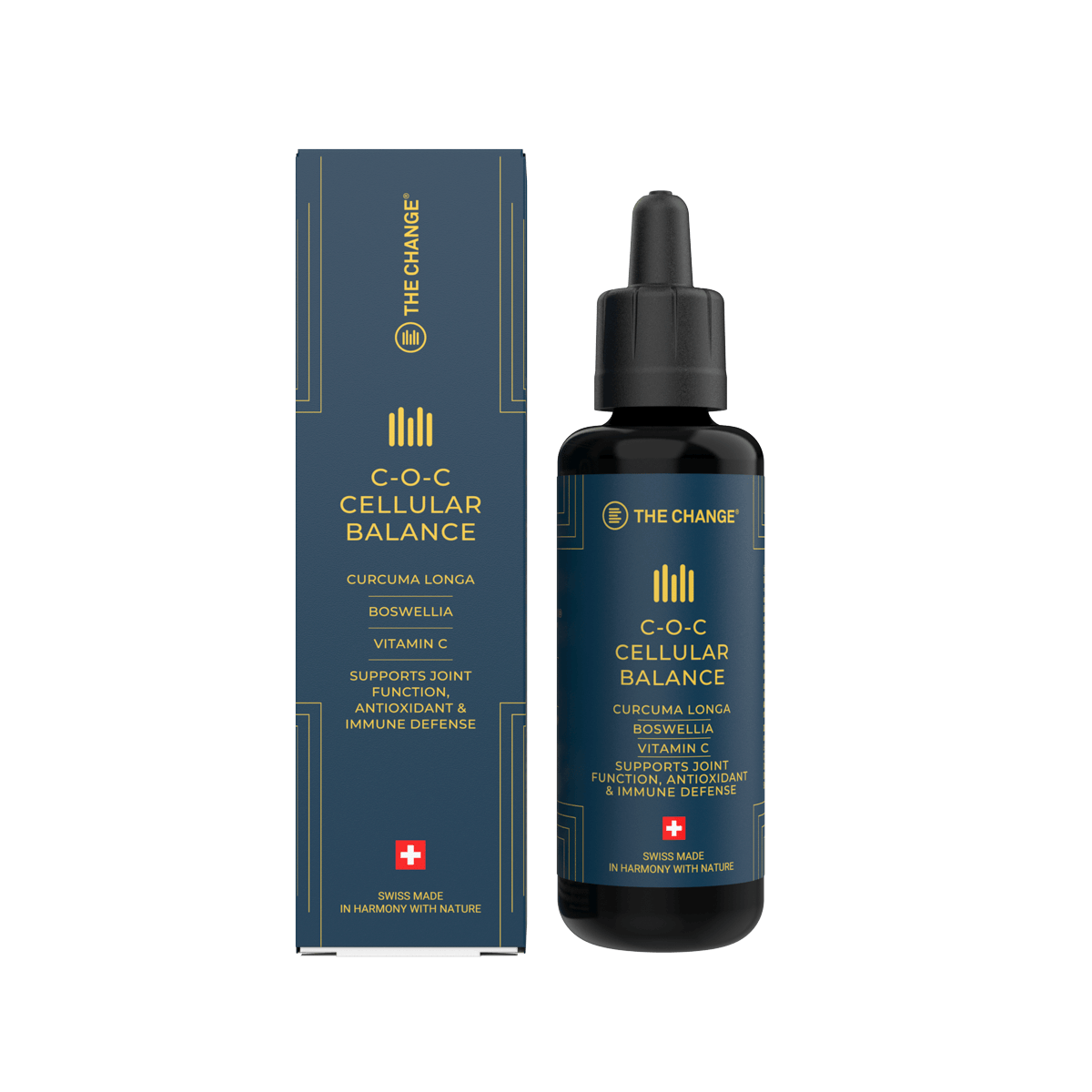 Black dropper bottle of C.O.C Cellular Balance with gold accents; contains turmeric, boswellia, and vitamin C for immune support.