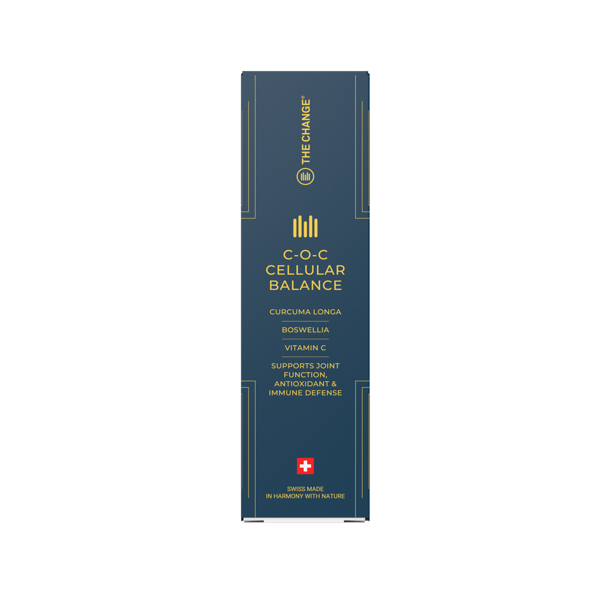 Dark blue product box labeled "C-O-C Cellular Balance" with gold accents, featuring curcumin and boswellia ingredients.