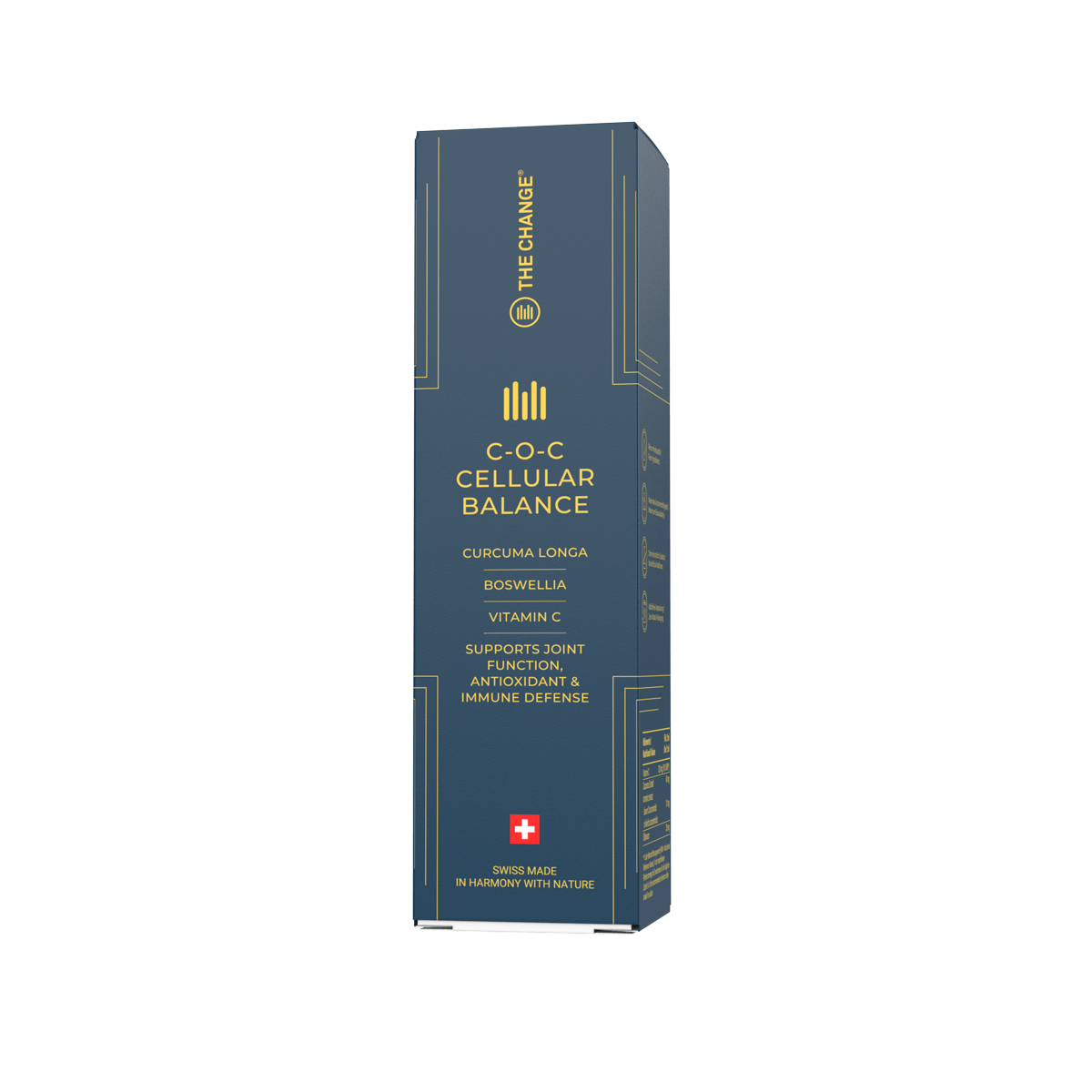 Blue and gold box of C.O.C Cellular Balance with curcumin, boswellia, and vitamin C for joint and immune support.