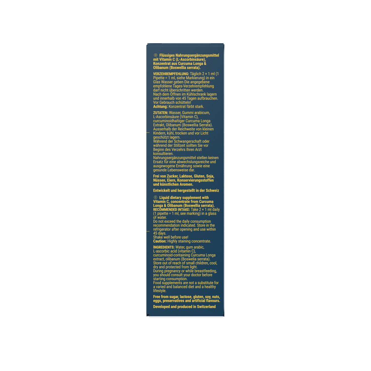 Glossy silver packaging of nutrient-rich dietary supplement, featuring colorful text and Swiss origin label.