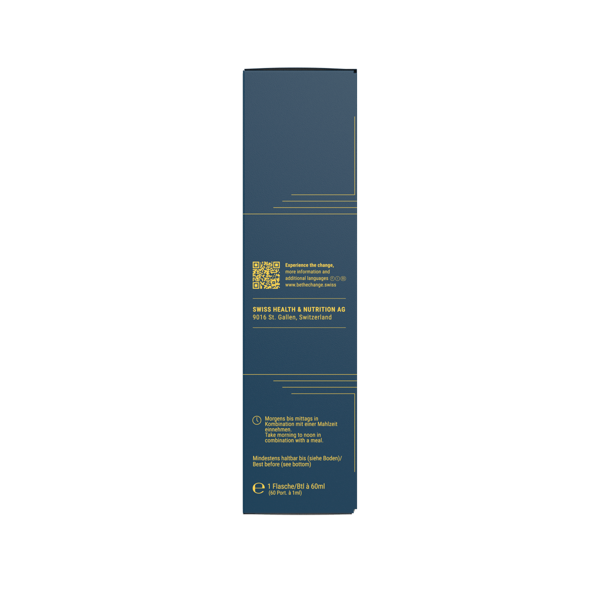 Blue and gold packaging for Swiss dietary supplement, featuring modern design and QR code for product details.
