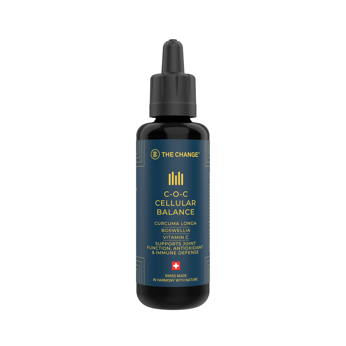 C-O-C Cellular Balance dropper bottle, dark blue with black cap, features natural curcumin, boswellia, and vitamin D.