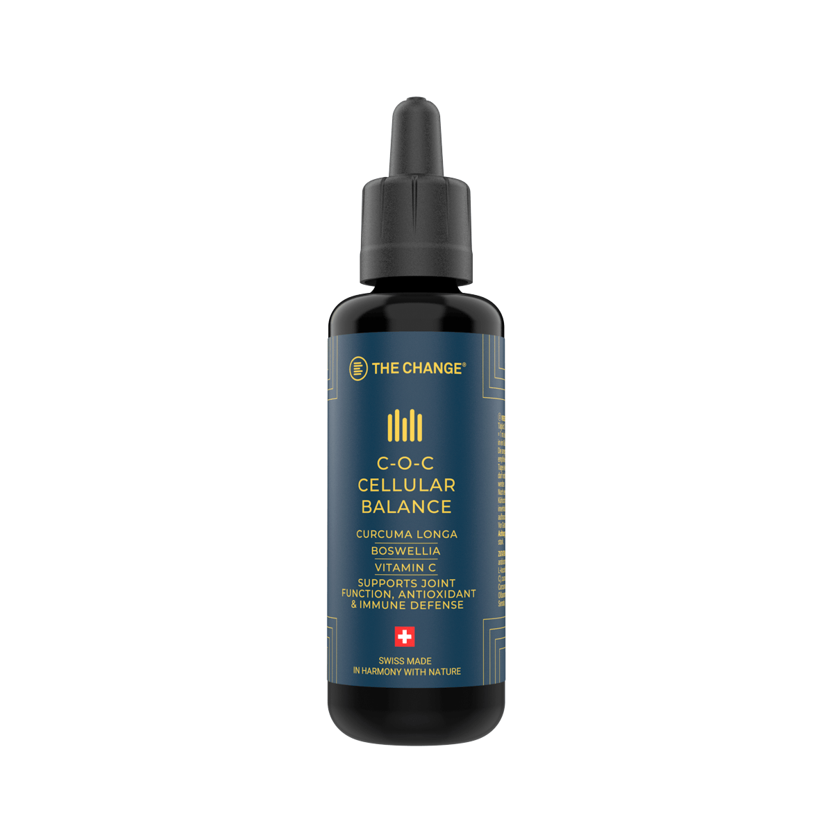 C-O-C Cellular Balance dropper bottle, dark blue with gold accents, containing turmeric and vitamin C for immune support.
