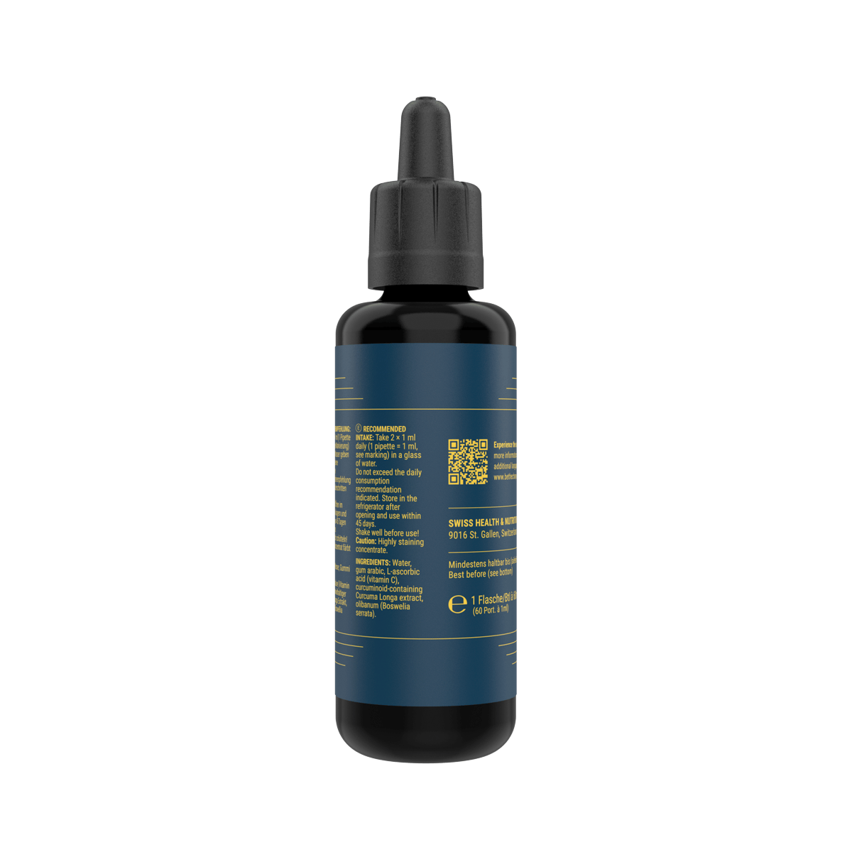 Black glass dropper bottle with blue label, containing herbal extract for wellness, modern design, and easy dispensing.