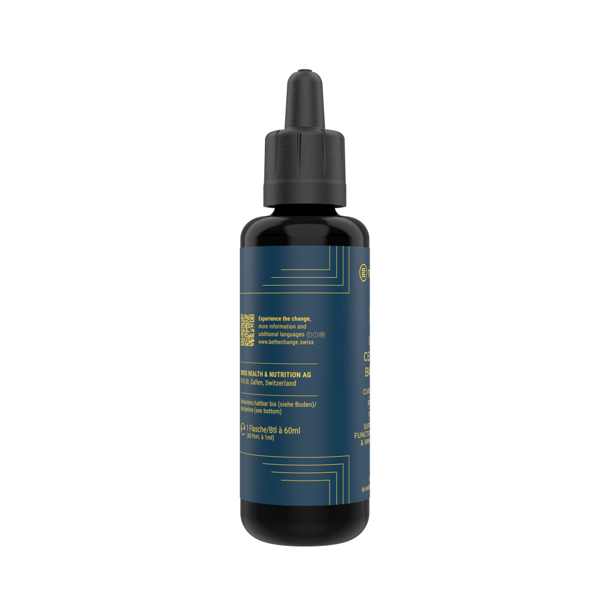 Black glass dropper bottle with navy blue label, contains nutrient-rich liquid for wellness, 60ml.