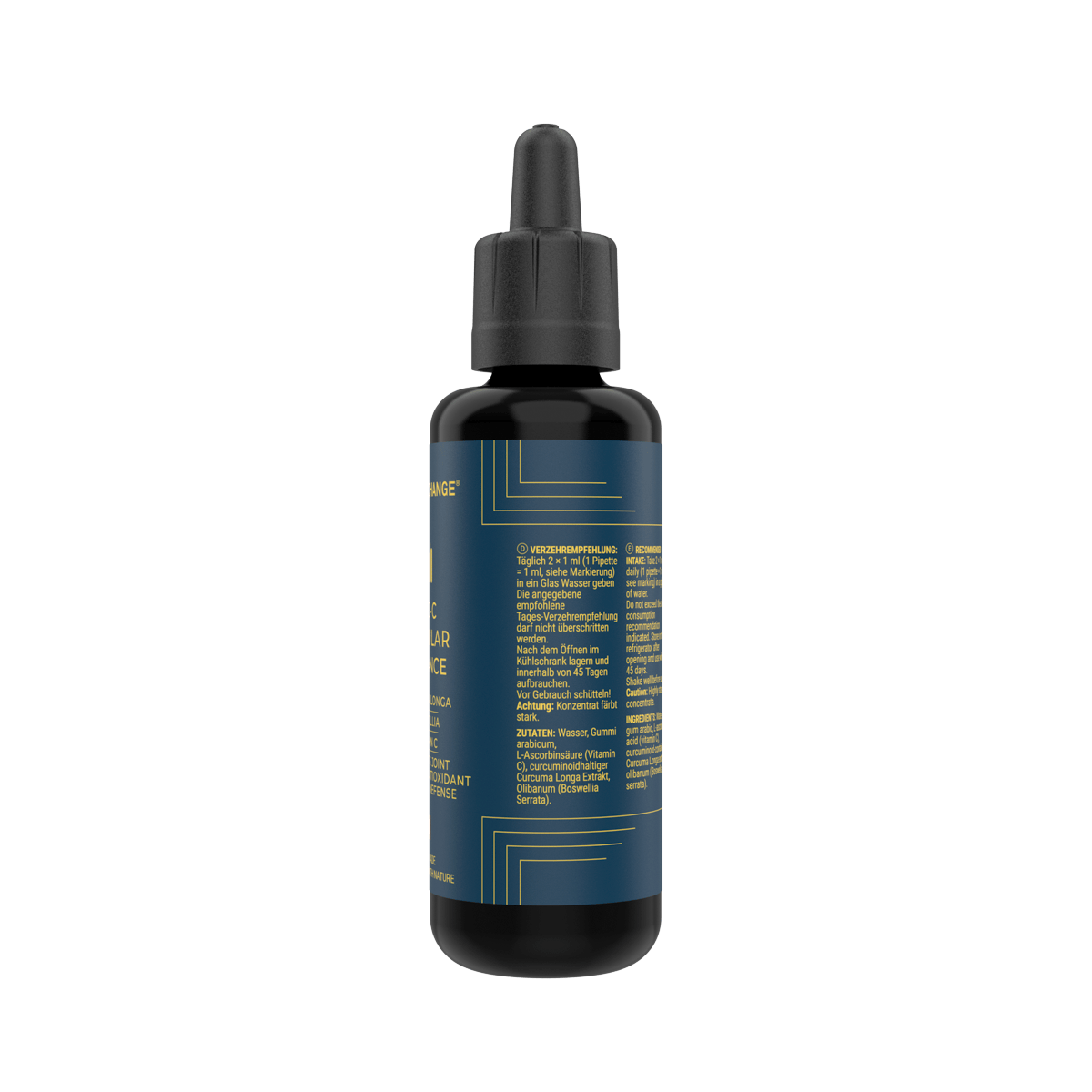 Black glass dropper bottle of blue serum with modern design, featuring clear ingredient label on the back.