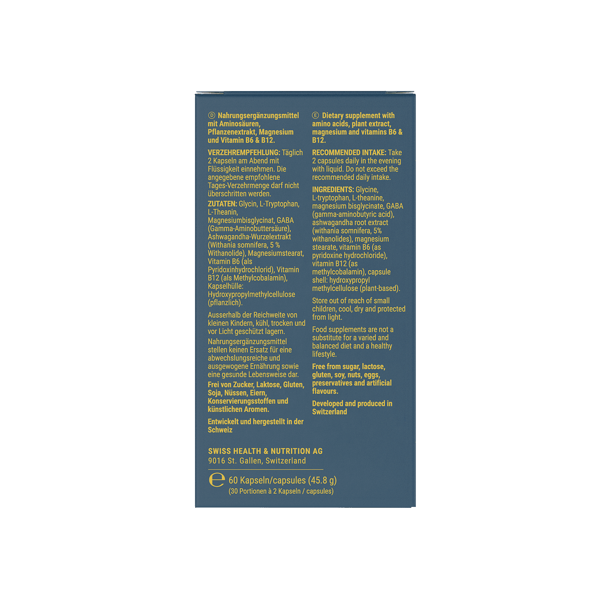 Dark blue supplement bottle with yellow text, containing 60 capsules of magnesium, vitamins, and amino acids.