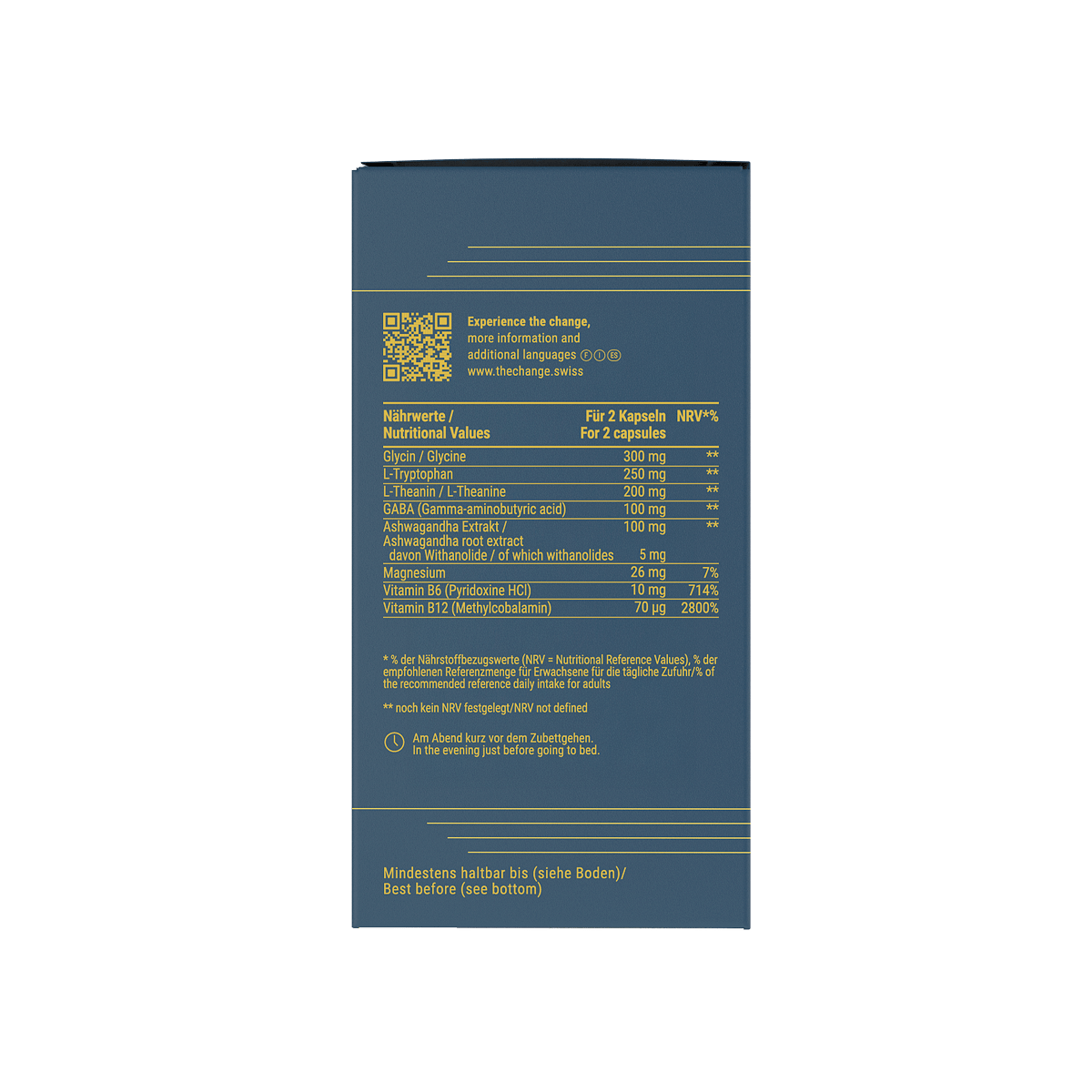 Blue supplement bottle with white text, featuring nutritional information and QR code, ideal for health-conscious consumers.