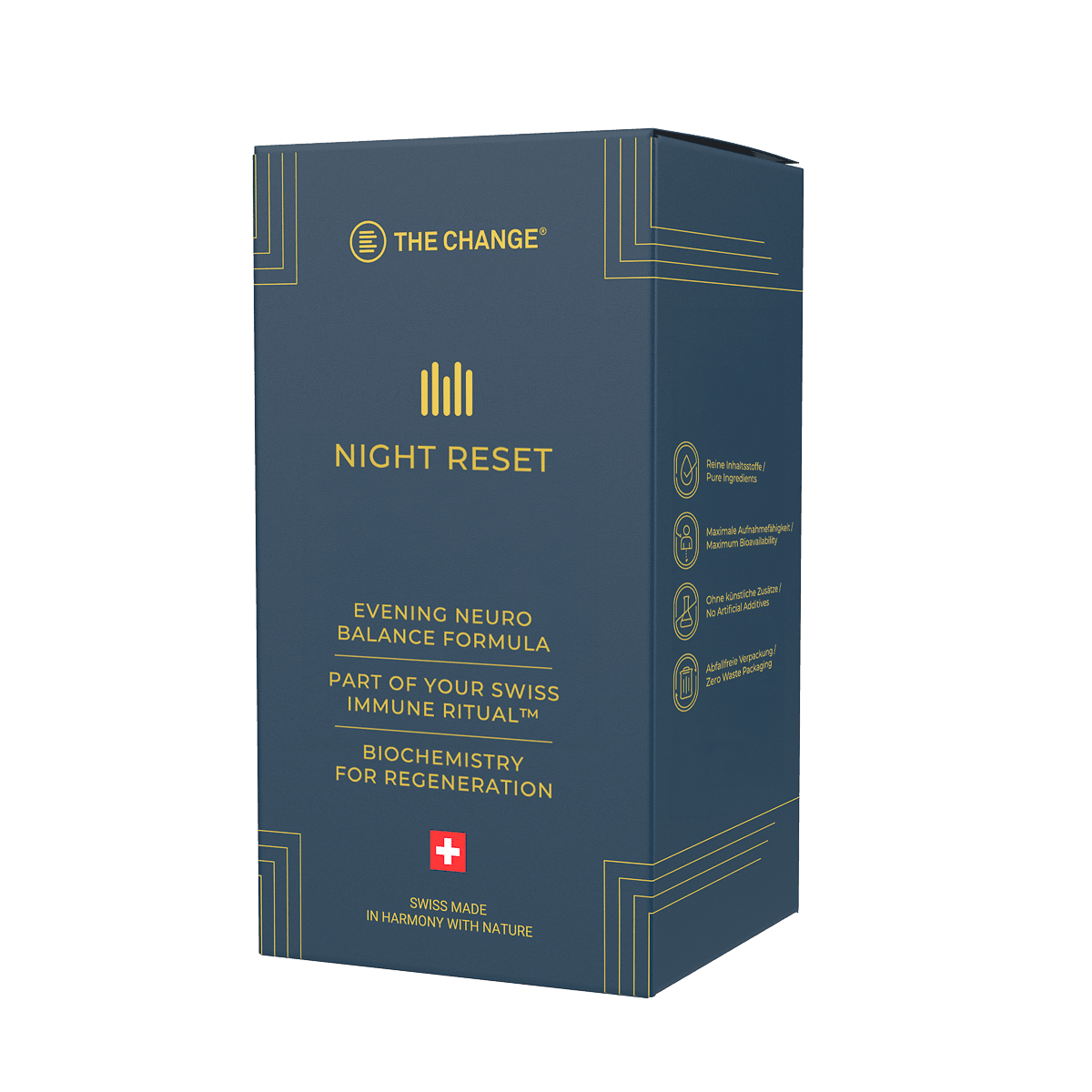 Navy blue box of The Change Night Reset, evening neuro balance formula with Swiss flag, designed for immune support.