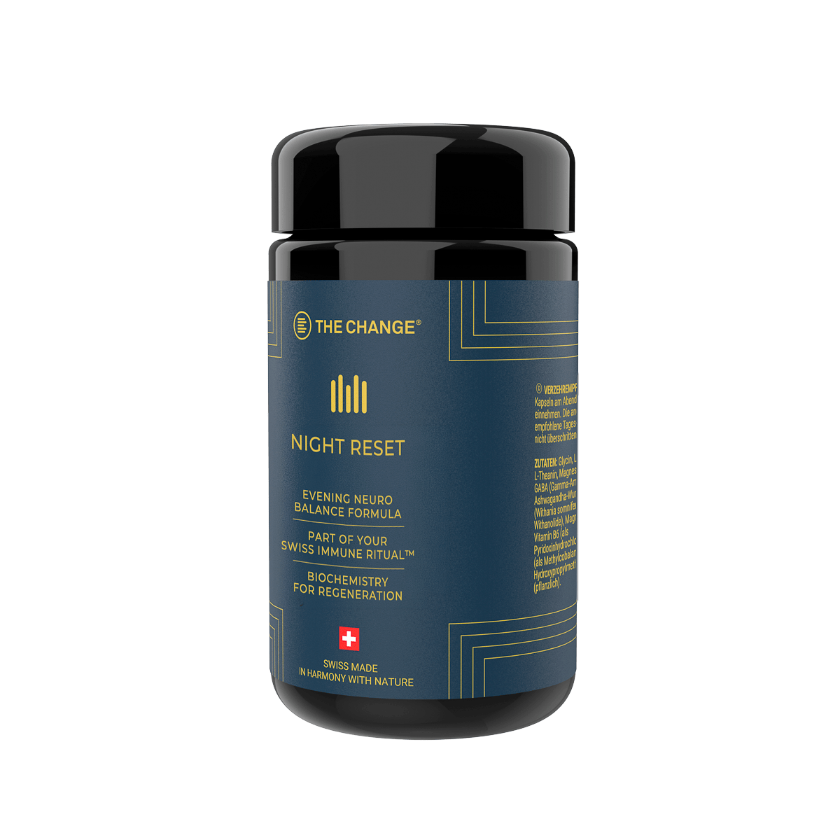 Black bottle of "Night Reset" neuro balance formula, featuring a sleek design with blue and gold accents. Swiss-made.