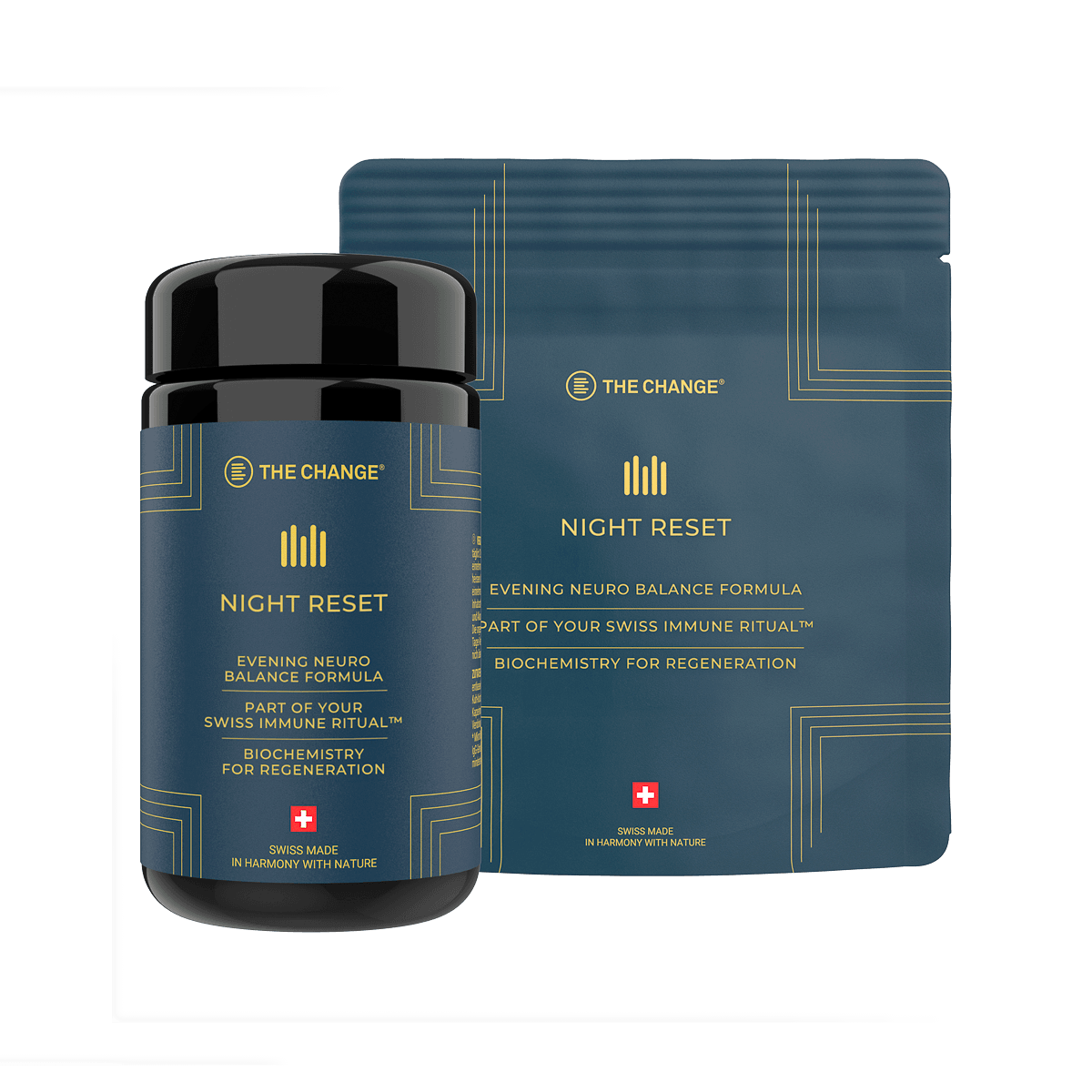 Black bottle of "Night Reset" evening neuro balance formula with blue and gold packaging, Swiss made for regeneration.