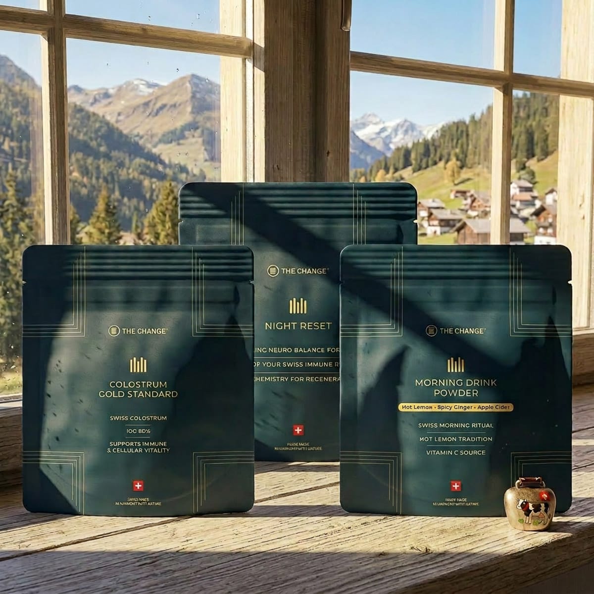 Blue and gold packaging of three wellness powders: Colostrum Cold Standard, Night Reset, and Morning Drink Powder.