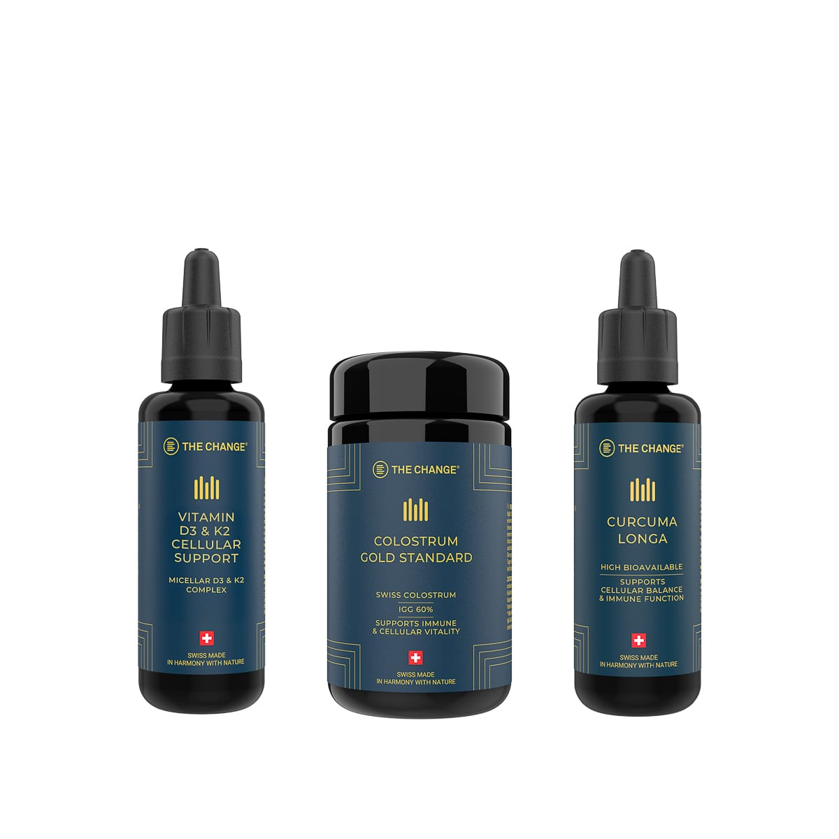 Wellness supplement trio: Vitamin D3 & K2, Colostrum Gold Standard, Curcuma Longa in black bottles with blue labels.