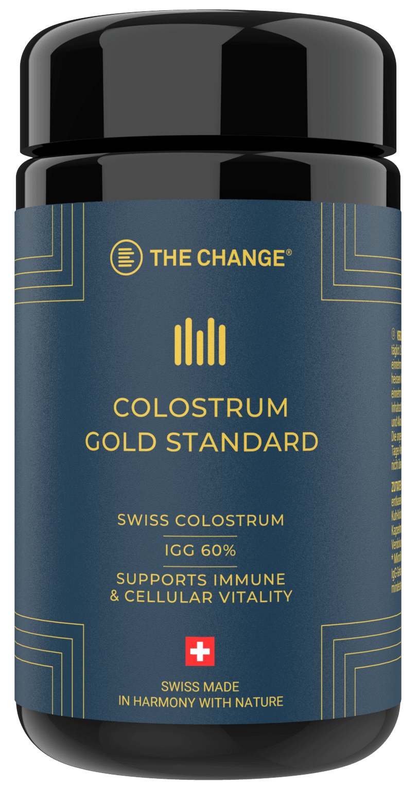 Black container of Swiss Colostrum Gold Standard, 60% IGG, promoting immune support and cellular vitality.