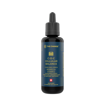 C-O-C Cellular Balance dropper bottle, dark blue with gold accents, containing turmeric and vitamin C for immune support.
