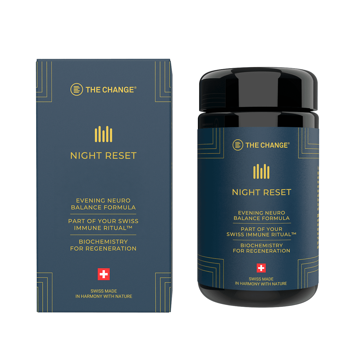 Night Reset evening neuro balance formula in dark blue packaging with gold accents, Swiss made for immune support.