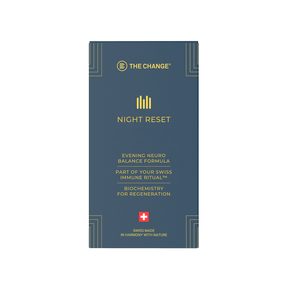 Night Reset Evening Neuro Balance Formula box, navy blue with gold accents, Swiss-made for immune health and regeneration.
