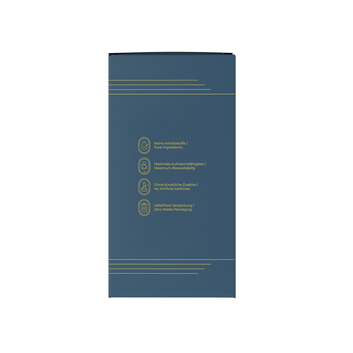 Navy blue packaging box, featuring gold accents and minimalistic design, ideal for premium product presentation.