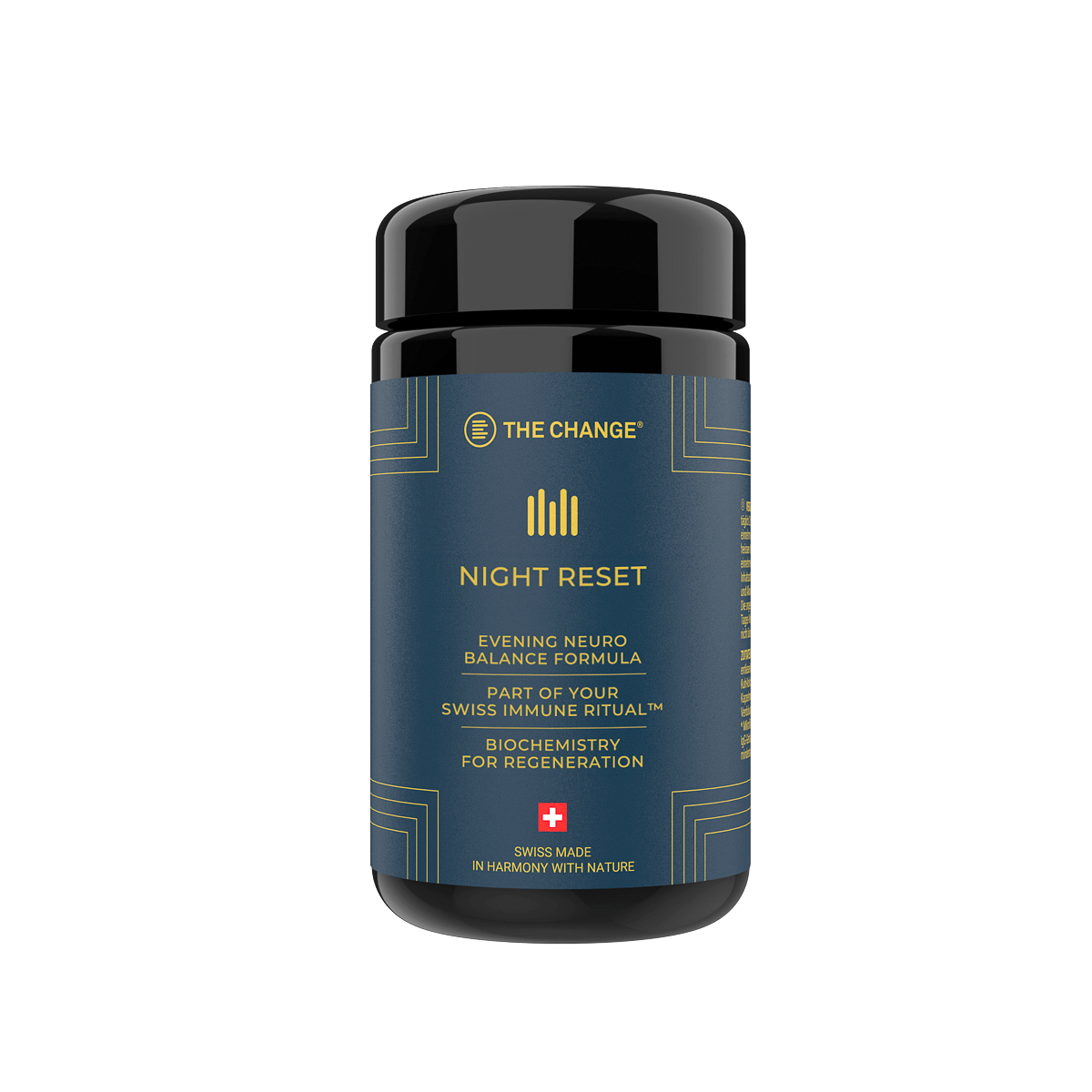 Blue and gold bottle of Night Reset evening neuro balance formula, Swiss-made for regeneration, part of Your Swiss Immune Ritual.