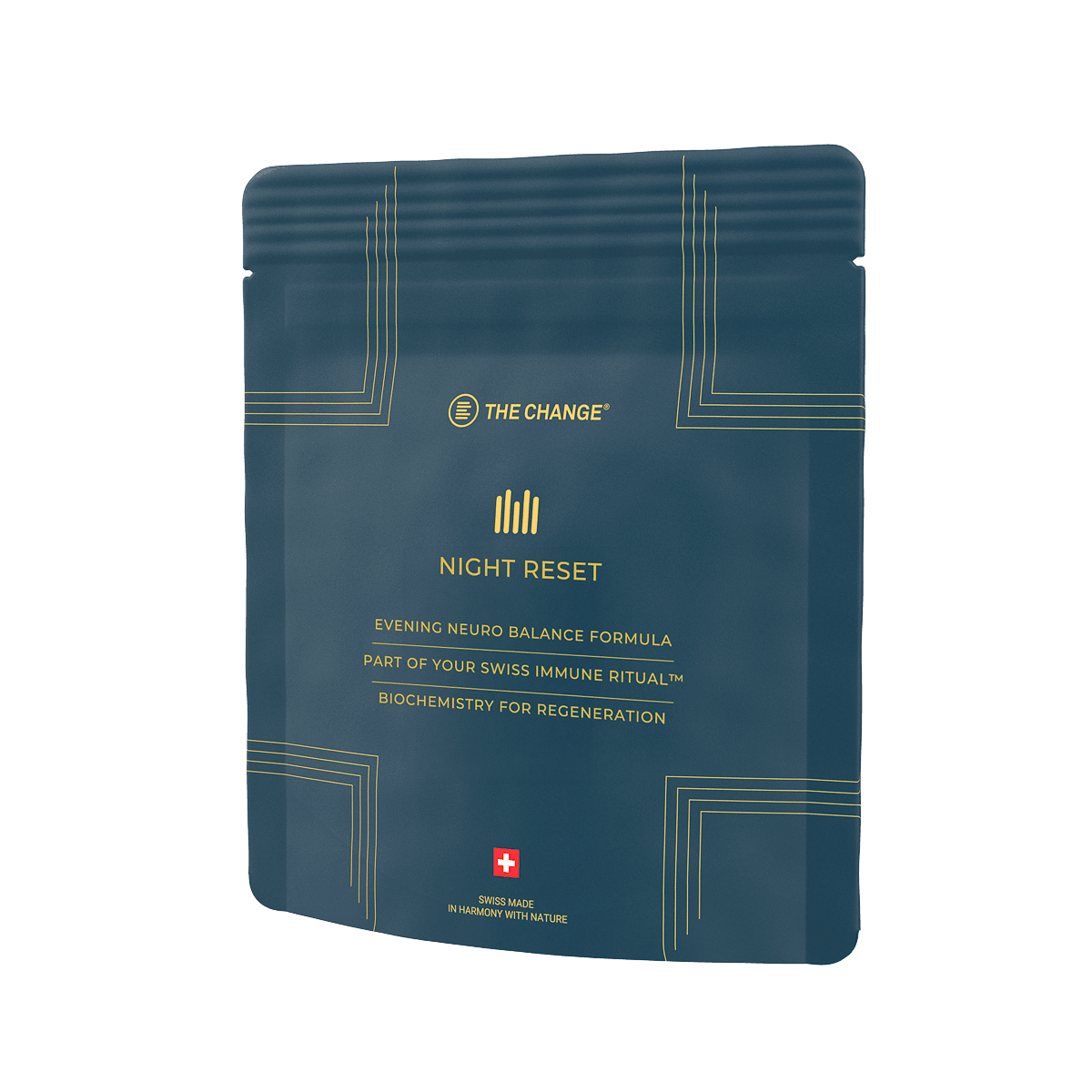 Green and navy sachet of "Night Reset" evening neuro balance formula for immune support and regeneration.