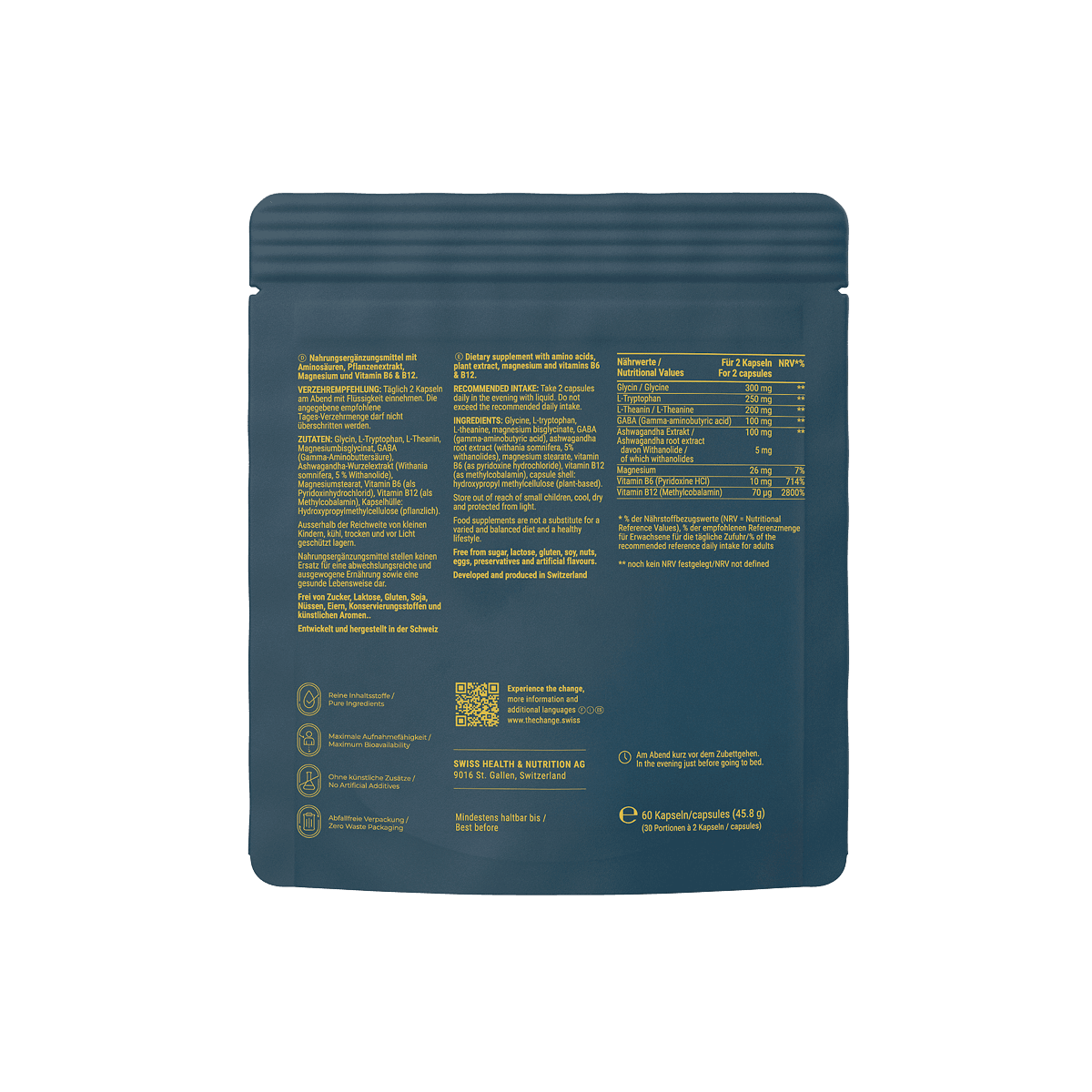 Dark blue supplement capsule packaging with gold text, featuring nutritional information and a modern design.