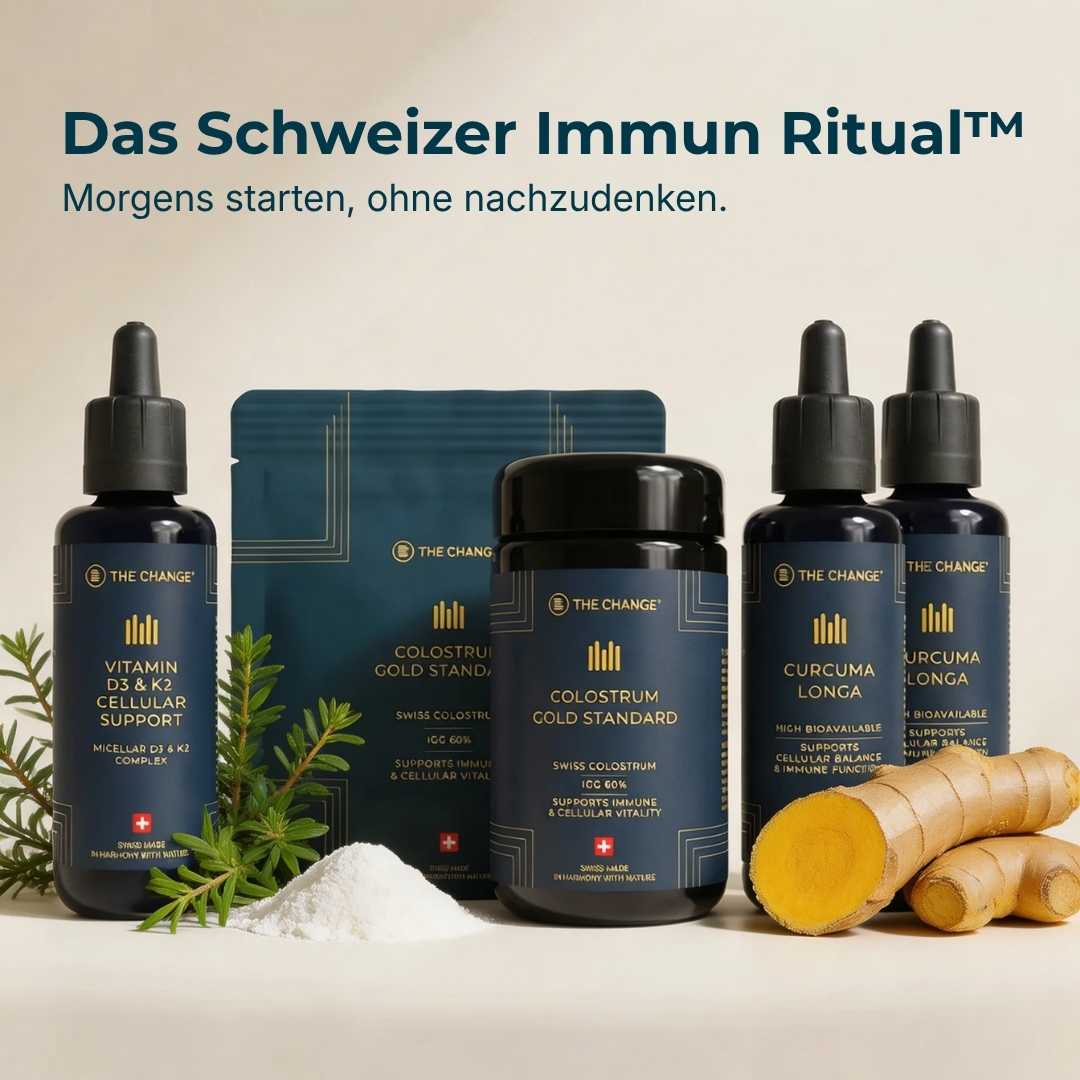 Das Schweizer Immun Ritual™: Four premium supplements in elegant black bottles with gold accents, featuring natural ingredients.