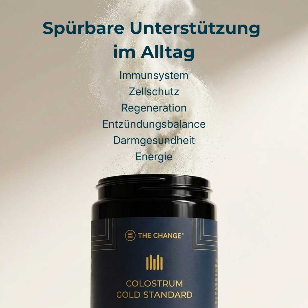 Colostrum Gold Standard supplement in black container for immune support, regeneration, and gut health.