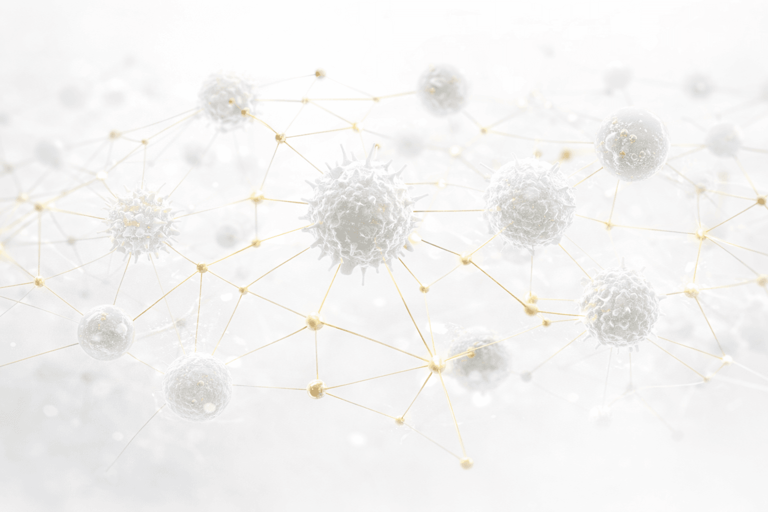 Abstract white and gold virus illustration, featuring detailed cellular structures on a soft white background.