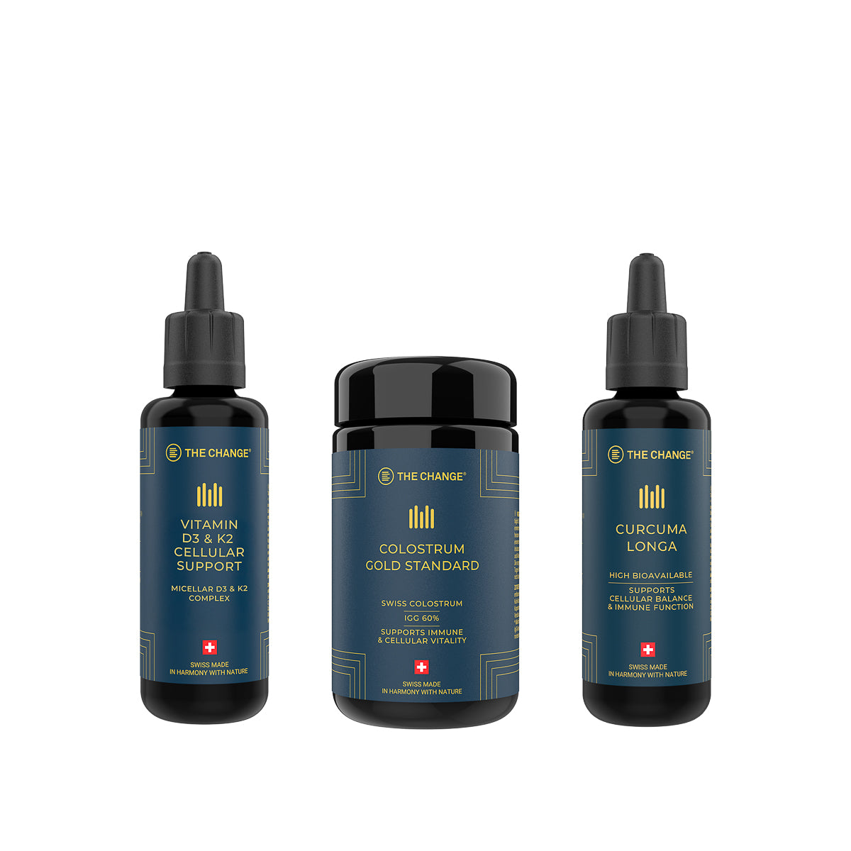 Wellness supplement trio: Vitamin D3 & K2, Colostrum Gold Standard, Curcuma Longa in black bottles with blue labels.