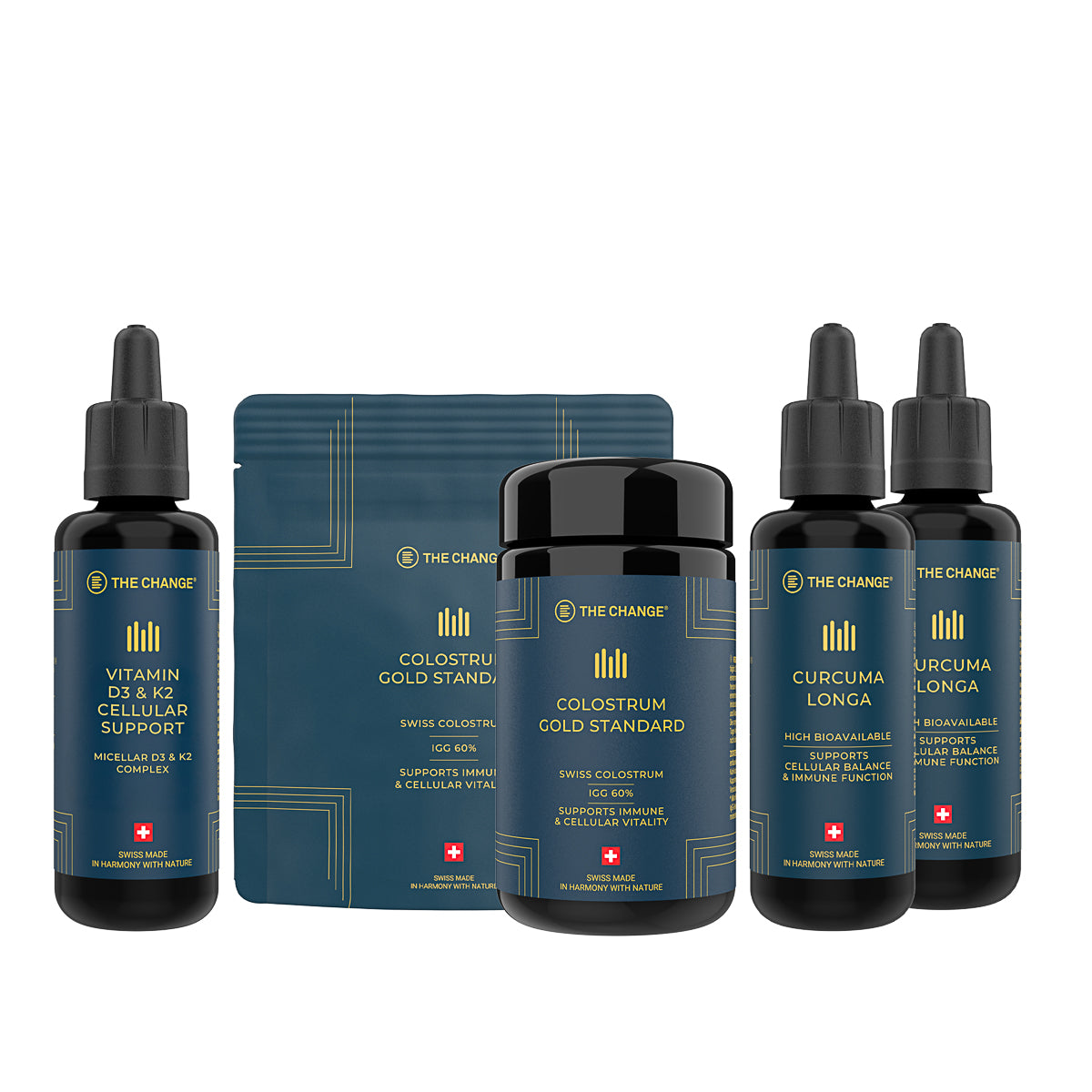 Vitamin D3 & K2, Colostrum Gold Standard, and Curcuma Longa supplements in sleek black bottles with gold accents.